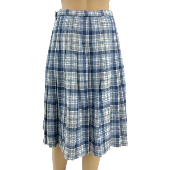 Edinburgh Woollen Mill (8) VINTAGE 70's Blue Tartan Plaid Wool Pleated Skirt - Picture 3 of 9